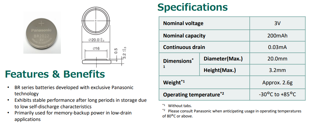 松下BR2032用于光伏計時RTC，工作溫度-40～85℃(圖1)